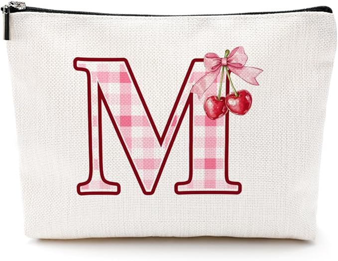 Initial Makeup Bag Monogram Cosmetic Bag Monogrammed Gifts for Women Girls Friends Coworker Employee Personalized Travel Toiletry Bag Christmas Bridal Shower Wedding Bridesmaid Gifts, Cherry M