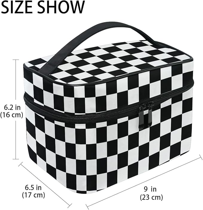 Makeup Train Case White Black Checkered Plaid Carrying Portable Zip Travel Cosmetic Brush Bag Organizer Large for Women