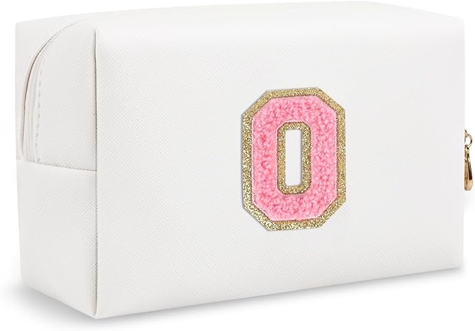 Small Cute Initial Preppy Makeup Bag, Personalized Cosmetic Zipper Pouch Chenille Letter Toiletry Bags for Traveling, Waterproof PU Makeup Case Organizer Travel Essentials for Sister Friends(Letter O)