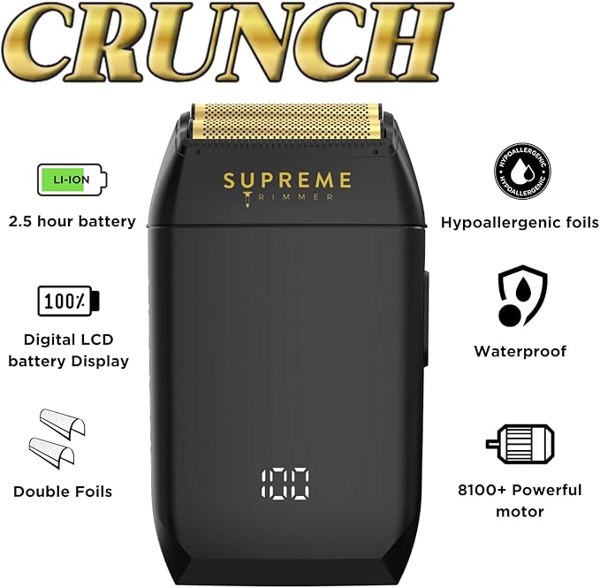 Supreme Trimmer Crunch STF602 – Waterproof Double Foil Shaver for Men | 150 Min Runtime, Wet/Dry Cordless & Corded Electric Razor | Hypoallergenic Foils for Face, Head & Stubble