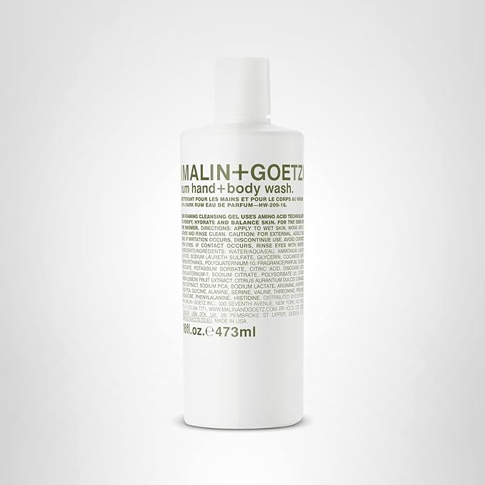 Malin + Goetz Rum Hand & Body Wash, 16 Fl. Oz. – Men & Women Natural Body Wash For All Skin Types, Foaming Hydrating Cleansing Gel, Cruelty-Free & Vegan
