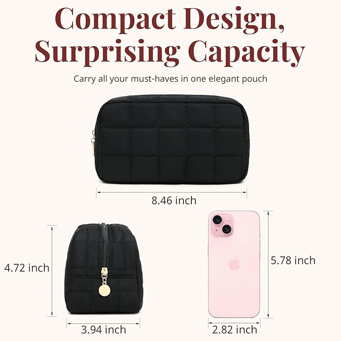 Makeup Bag for Women, Travel Cosmetic Bag Organizer with Compartments, Quilted Puffy Toiletry Pouch for Brushes, Essentials and Accessories, Black