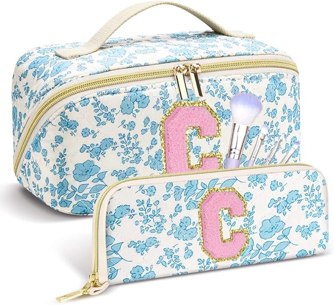 Personalized Travel Makeup Bag Set,Initial Travel Cute Floral Makeup Organizer Bag,Toiletry Skincare Cosmetic Bag,Christmas Gifts for Women/Girls,Open Flat Toiletry Pouch with Brush Pocket-C
