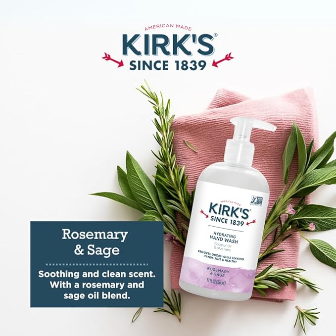 Kirk's Hydrating Hand Wash - Made with Coconut Oil and Aloe Vera, With Odor Neutralizing Technology To Help Eliminate Odors, Non-GMO, Vegan, Rosemary & Sage, 12 Fl Oz. 4 pack