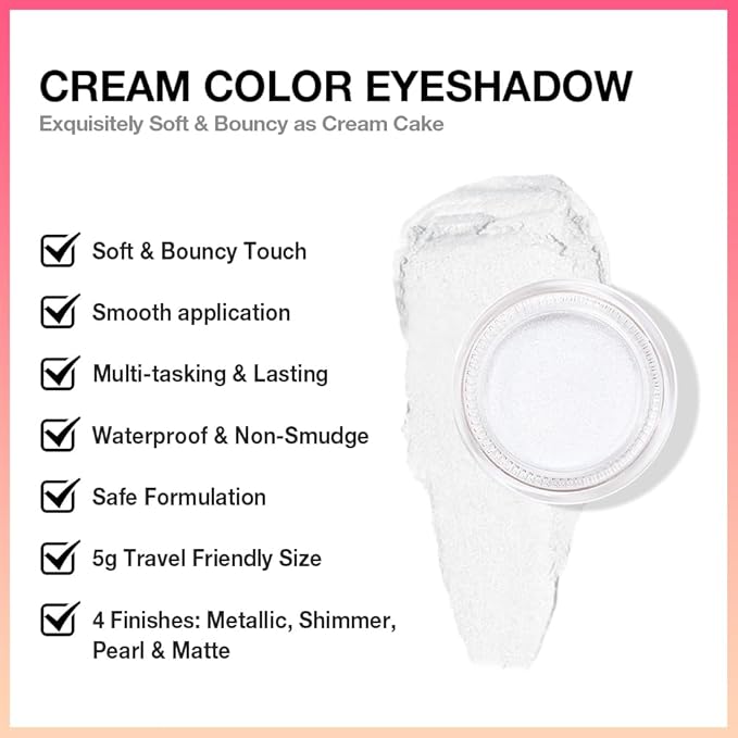 Cream Glitter Pearl White Shimmer Metallic Eyeshadow Palette Makeup, Natural Single Mini Instant Holographic Eyeshadow For Women, Sombras Crema Para Ojos,Talc,Paraben&Cruelty Free, P01