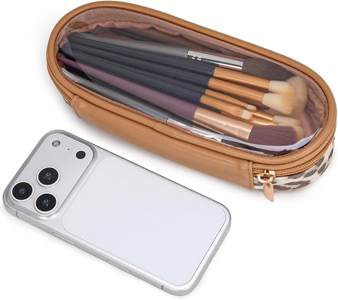 Montana West X Wrangler Travel Makeup Bag 2pcs Set Large Cosmetic Bag with Makeup Brush Holder Portable Make Up Organizer Cute Toiletry Bag with Divider and Handle for Women Leopard