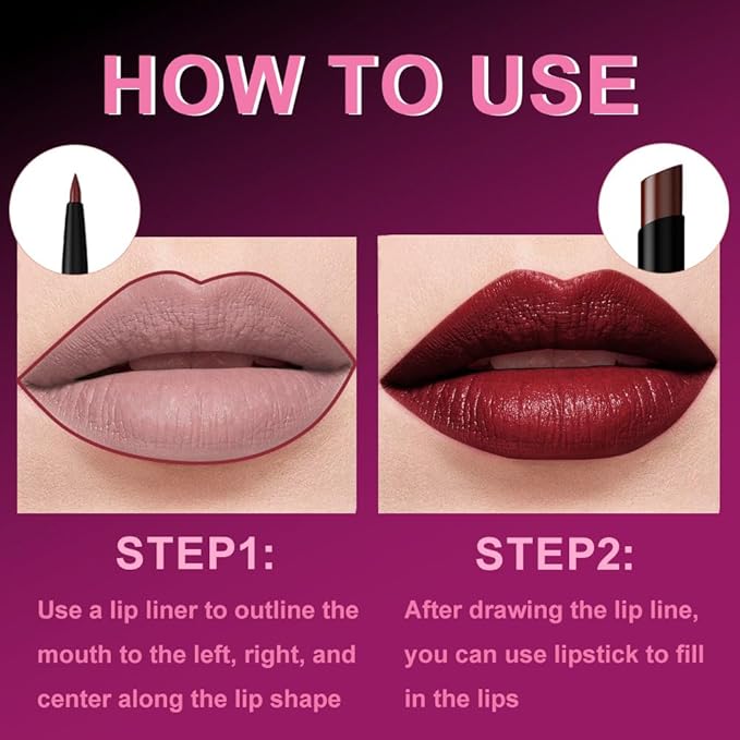 2Pcs 2 in 1 Matte Plum Lip Liner and Lipstick Combo Set for Women,Lipstick Stain Lip Liner for Daily & Party Long Lasting Waterproof Smudge Proof 24 Hour Full Coverage Vegan Lip Makeup Kit