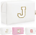 Personalized Initial Letter Patch Makeup Bag, Preppy Portable Chenille Letter Cosmetic Bag with Zipper, PU Leather Waterproof Travel Toiletry Bag Monogram Make Up Pouch for Women Girls(Letter J)