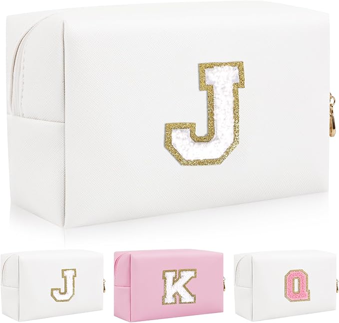 Personalized Initial Letter Patch Makeup Bag, Preppy Portable Chenille Letter Cosmetic Bag with Zipper, PU Leather Waterproof Travel Toiletry Bag Monogram Make Up Pouch for Women Girls(Letter J)