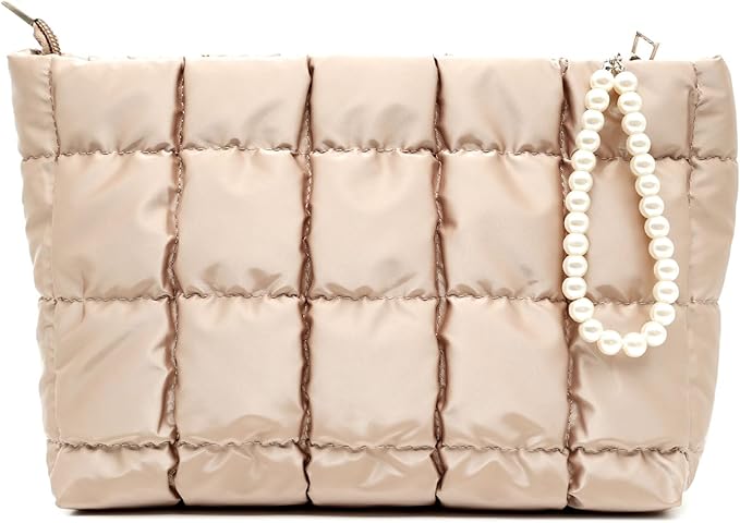 Puffer Quilted Makeup Bag Travel Cosmetic Bag Portable Puffy Checkered Toiletry Pouch Skincare Organizer Purse Pencil Case (Champagne Gold)
