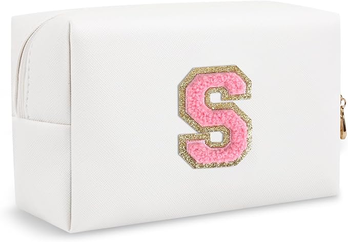Small Travel Initial Preppy Makeup Bag, White Cute Cosmetic Organizer Toiletry Zipper Pouch Make Up Bag for Purse, Waterproof Chenille Letter Makeup Storage Personalized Gift for Sister Mom(Letter S)