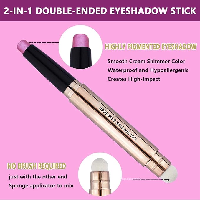 Pink Eyeshadow Stick Cream Smooth Shimmer Eye shadow Pencil Hypoallergenic Waterproof Long Lasting Eye shadow pen Highlighter Stick Multi-Dimensional eyes Look (13# Pink Shimmer)