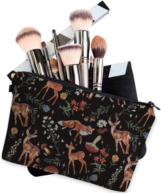 Small Makeup Bag Cosmetic Bag for Women, Pretty Design Organizer Case with Zipper Closure, Lightweight and Water-Resistant Make Up Bag - 8.65"x 5.35" x 7.08"（Sika Deer & Fox）