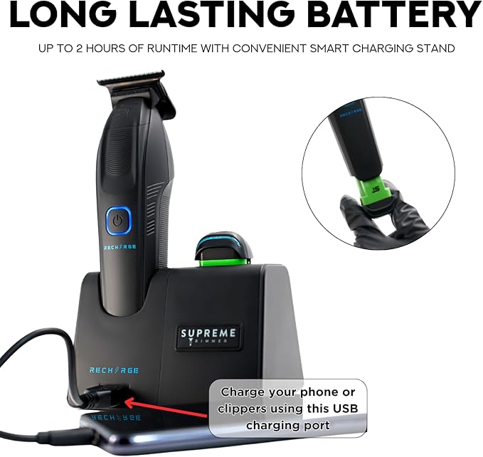 Supreme Trimmer Recharge ST777 – Professional Barber Trimmer with 2 Removable Batteries | 8000 RPM Motor, Zero Gap DLC Blades, Smart Charging Dock, USB-C Fast Charge