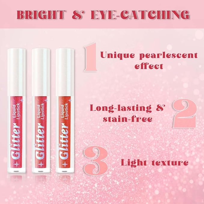 3Pcs Metallic Lipstick for Women,Lightweight Glitter Sparkling Liquid Lipsticks,Shimmer Lip Gloss Stain Long Lasting Waterproof Smudge Proof Non-Drying 24 Hour Full Coverage Lip Makeup,Vegan