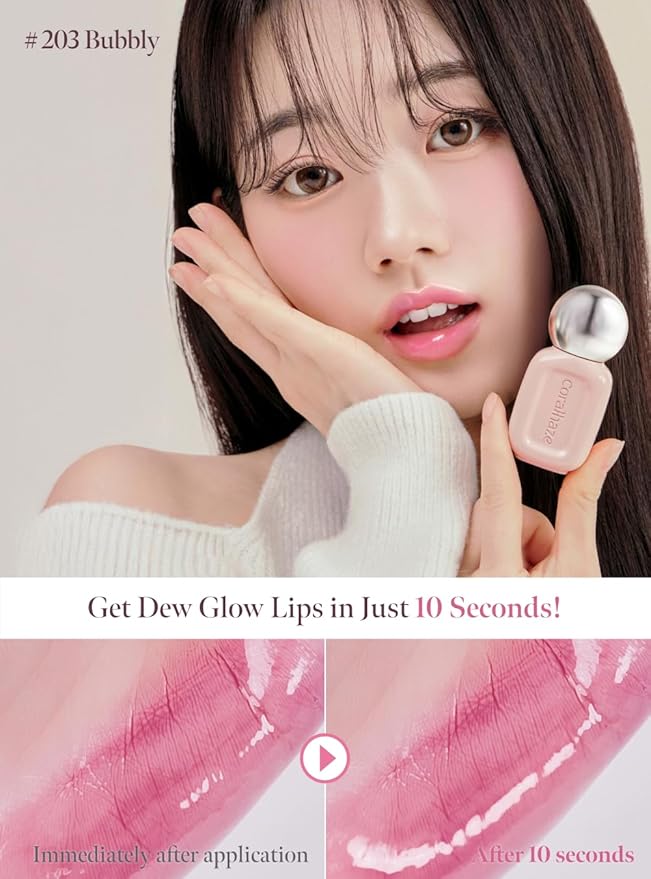 Dew Drop Tint #203 Bubbly 4.5g, Glossy, Lightweight Lip Stain, Glass-Like, High Shine, Moisturizing Lip Oil, Long Lasting Color, Hydrating Gloss, Dewy Finish, Korean Beauty Makeup