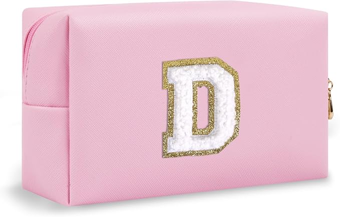 Personalized Chenille Letter Preppy Makeup Bag, Mini Cute Pink Travel Cosmetic Bag Initial Toiletry Zipper Pouch Makeup Storage, Waterproof Makeup Case Travel Essentials for Women Female (Letter D)
