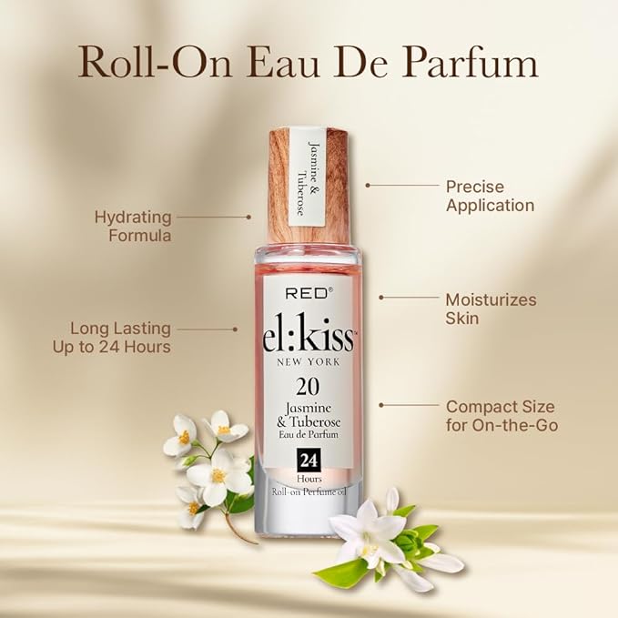 EL:KISS Roll On Perfume, Jasmine & Tuberose Inspired by Guc. Bloom, Eau de Parfum 12mL (.40 Fl Oz), Hydrating & Long-Lasting, Alcohol-Free & Mineral Oil-Free, Infused With Jojoba, Argan & Coconut Oil