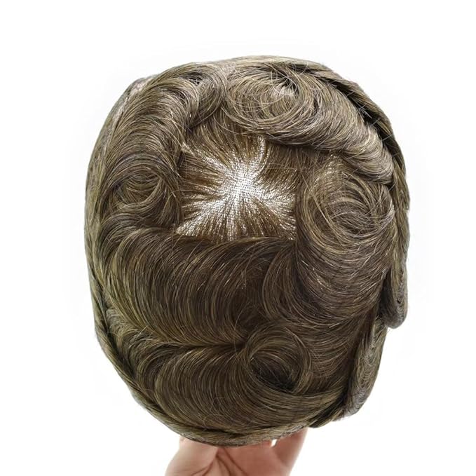 FACE MIRACLE Toupee for Men Lace Center Mens Toupee Hairpiece for Man Human Hair Replacement System Lace Center with Poly around Hair Units Mens Wig Hair Prosthesis 6"X8" 6# LIGHT BROWN