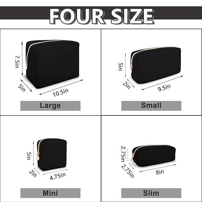 Waterproof Large Makeup Pouch,Nylon Women Travel Toiletry Storage Preppy Cosmetic Bag for Girls,Big Makeup Organizer Bag Cute Zipper Pouch for Sport Work Gift(Large-Black)