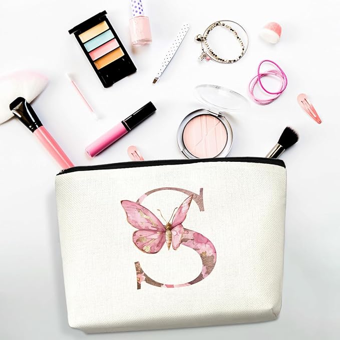 Initial Makeup Bag Pink Butterfly S Personalized Cosmetic Bag Monogrammed Gifts for Women Girls Bride Bridesmaid Monogram Zipper Pouch for Friendship Mothers Day Birthday Wedding Bridal Shower Gifts