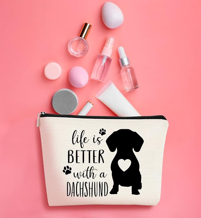 Life is Better with A Dachshund Makeup Bag,Funny Dachshund Heart Cosmetic Bag Best Gift Idea for Dog Lovers Teen Girls Women,Dachshund Mom Gifts for Birthday Christmas Valentine's Day