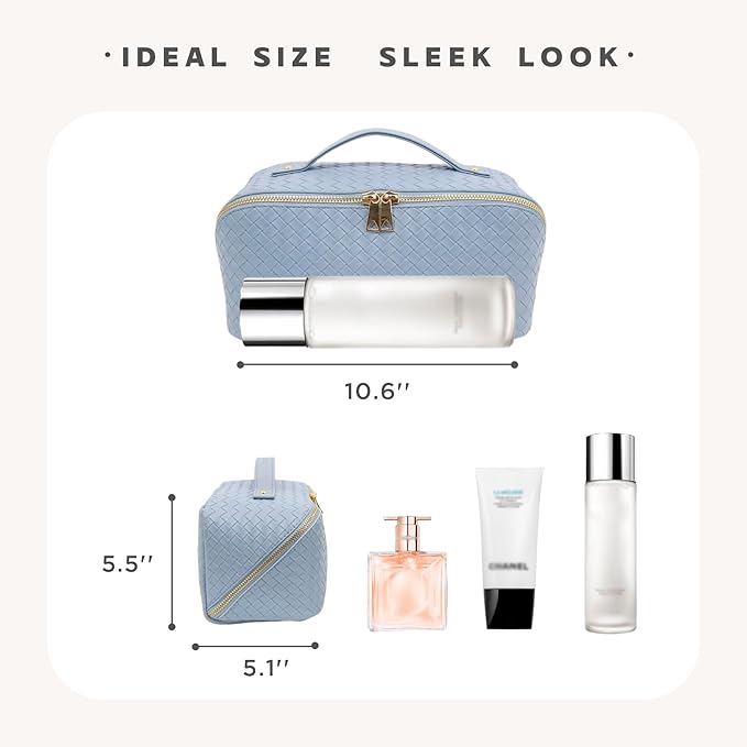 Travel Makeup Bag – Large Cosmetic Organizer with Waterproof PU Leather, Smooth Double Zipper & Tear-Resistant Lining, Toiletry Pouch for Women (Ice)