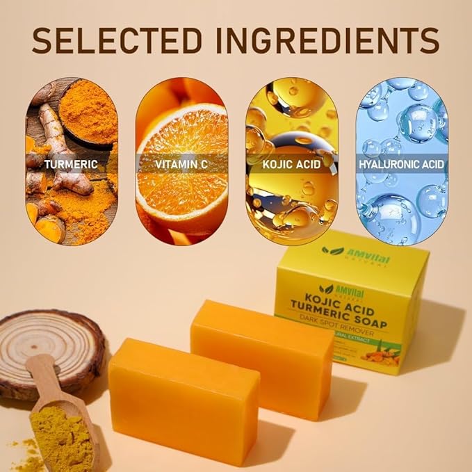 Turmeric Kojic Acid Soap Bars with Vitamin C, Retinol & Hyaluronic Acid – Face & Body Soap with Collagen & Shea Butter – 4-Pack Cleansing Bars for All Skin Types
