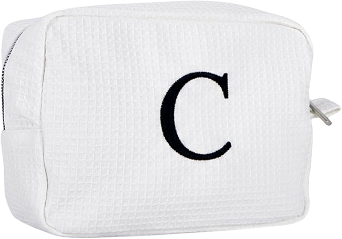 Personalized White Waffle Makeup Bag,Custom Embroidered Initial Cosmetic Pouch for Women,Monogrammed Cosmetic Case,Bridesmaid Gifts (C)