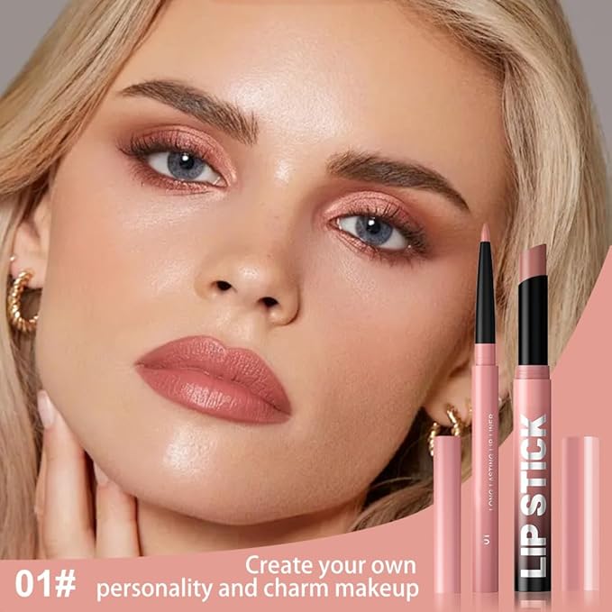 2Pcs 2 in 1 Matte Nude Lip Liner and Lipstick Combo Set for Women,Lipstick Stain Lip Liner for Daily & Party Long Lasting Waterproof Smudge Proof 24 Hour Full Coverage Vegan Lip Makeup Kit