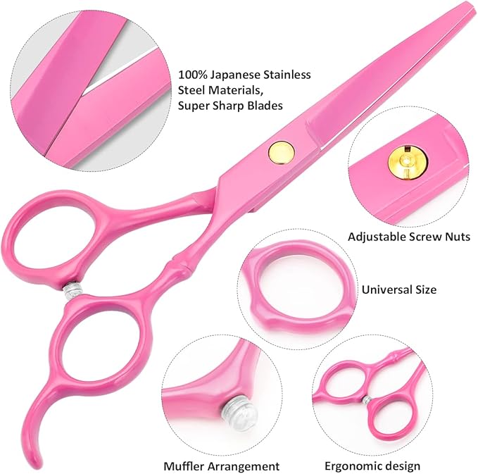 Professional Hair Cutting Scissors Sets Stainless Steel Barber Hairdressing Scissors Multifunctional Salon Thinning Scissors Straight Shears Tools for Men Women Home Use (Pink)