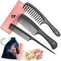 VIVEDGE| Carbon Comb Set for Curly Hair| Anti Static Frizz-free Detangling Wide Tooth Parting Combs with Premium Hair Acccessories for Styling | Gift set for loved ones(Pink-Light Yellow)
