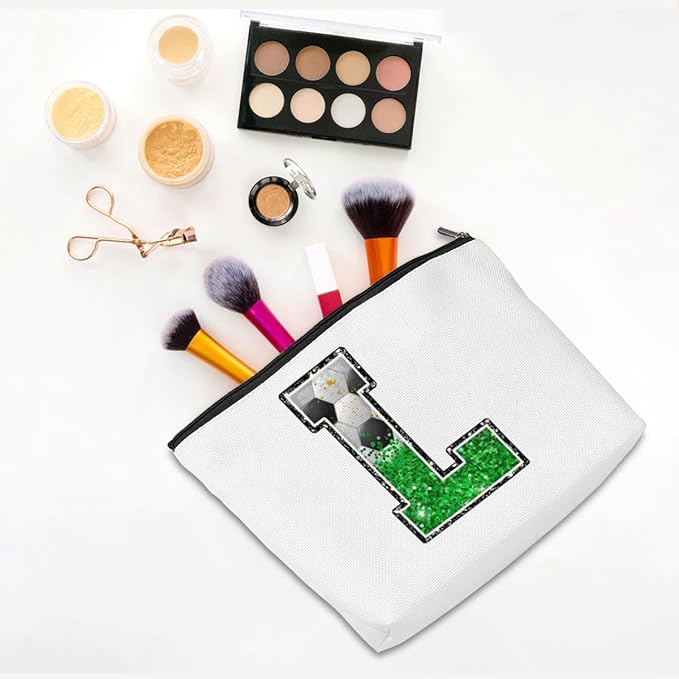 Soccer Gifts Initial Makeup Bag Monogrammed Cosmetic Bag Letter L Zipper Pouch Soccer Accessories for Girls Women Player Coach Friend Stuff Graduation Birthday Gifts