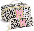 Personalized Travel Makeup Bag Set,Initial Travel Cute Leopard Makeup Organizer Bag,Toiletry Skincare Cosmetic Bag,Christmas Gifts for Women/Girls,Open Flat Toiletry Pouch with Brush Pocket-M