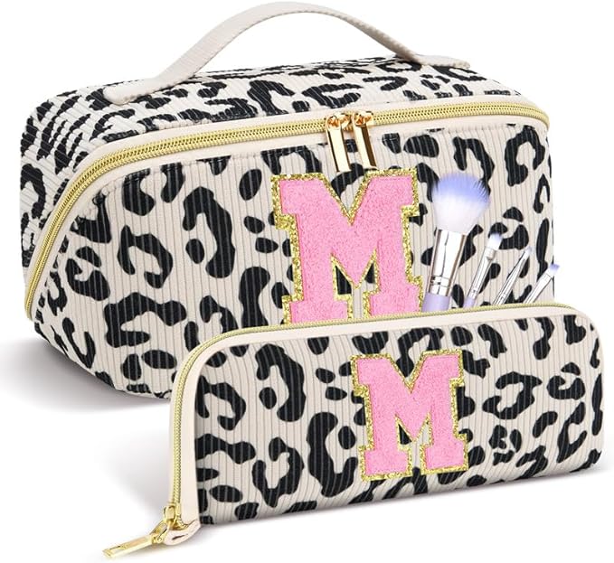 Personalized Travel Makeup Bag Set,Initial Travel Cute Leopard Makeup Organizer Bag,Toiletry Skincare Cosmetic Bag,Christmas Gifts for Women/Girls,Open Flat Toiletry Pouch with Brush Pocket-M