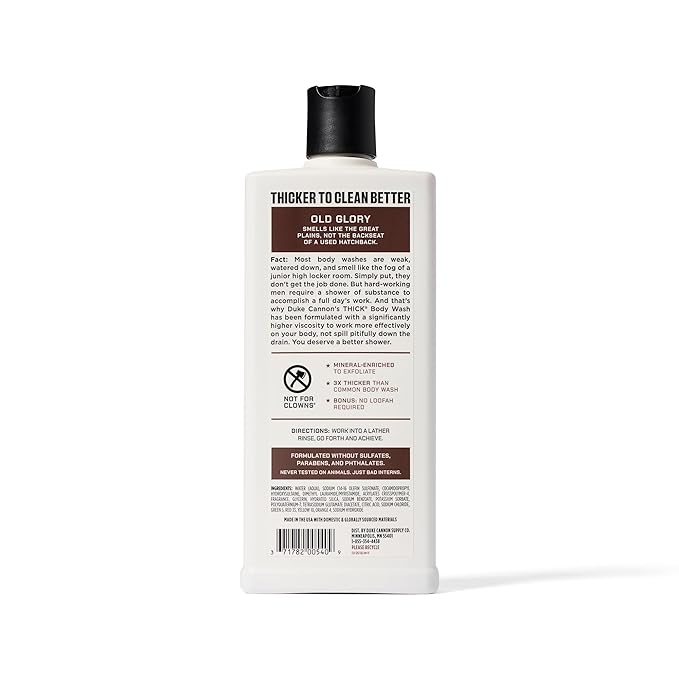 Duke Cannon Supply Co. Thick High Viscosity Body Wash – 3X Thicker, Plant-Based, Mineral-Enriched for Men – Men’s Body Scrub – Old Glory Scent
