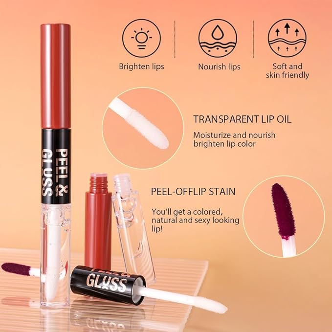 2Pcs Peel off Lip Stain Lip Oil Dual Ended Combo Set with Tweezer, 2 in 1 Brown & Maroon Lips Liner Stain Oil Long Lasting Waterproof, High Pigmented Flawless Lips Tint Stick Not Faded