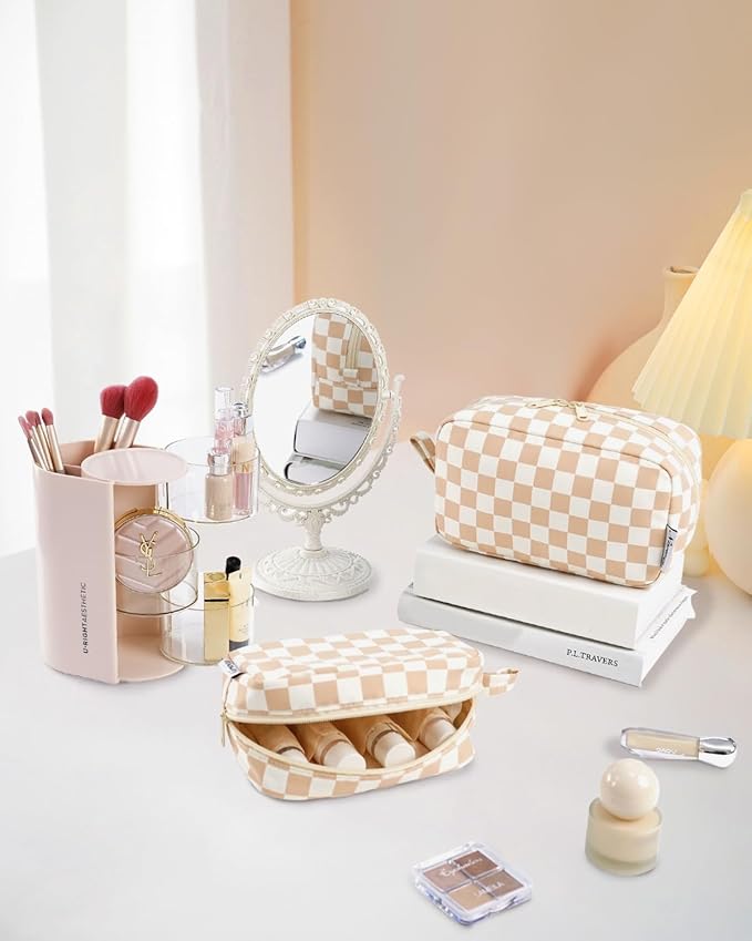 Narwey Checkered Makeup Bag Travel Cosmetic Bag Organizer Small Toiletry Bag Make Up Bags with Organized Pockets for Women (Light Checkerboard, Large)