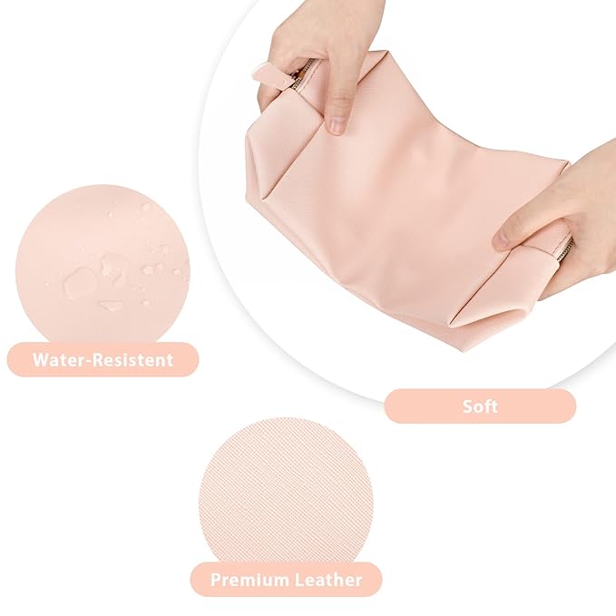 GFU Makeup Bag Large Travel Zipper Cosmetic Pouch, Water Resistant PU Leather Toiletry Organizer for Women and Girls, Light Champagne Pink