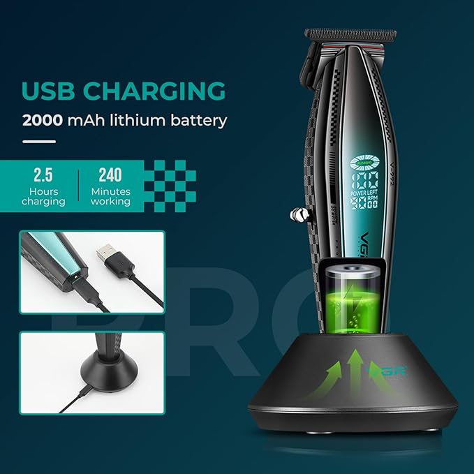 VGR 992 Professional Hair Trimmer for Men Versatile Cordless Zero Gapped Line Up Clipper for Beard Hair T Blade Barber Trimmer Metal Body 9000 RPM Rechargeable 240-Minute Run Time