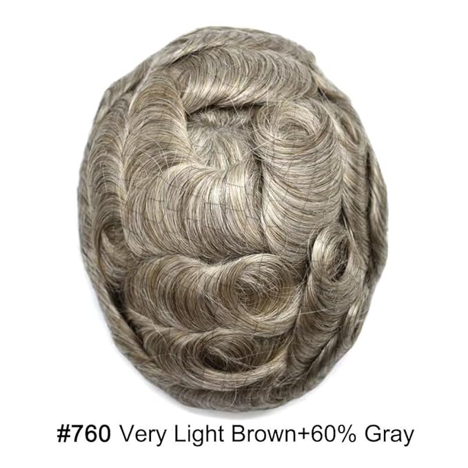 FACE MIRACLE French Lace Mens Toupee Human Hair System Lace Center Toupee for Men Thin Skin PU Around Hair Replacement System V-Looped Mens Hair Wig 6"X8" #760 7# VERY LIGHT BROWN WITH 60% GREY