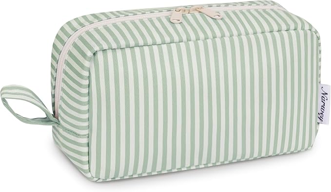 Narwey Cute Makeup Bag Small Toiletry Bag Travel Cosmetic Bag Organizer Make Up Bags with Organized Pockets for Women (Mint Green Stripe, Large)