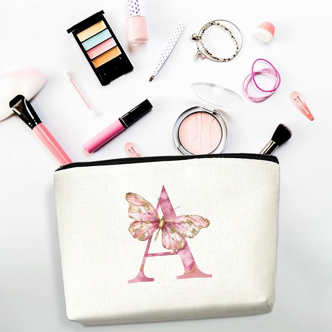 Initial Makeup Bag Pink Butterfly A Personalized Cosmetic Bag Monogrammed Gifts for Women Girls Bride Bridesmaid Monogram Zipper Pouch for Friendship Mothers Day Birthday Wedding Bridal Shower Gifts