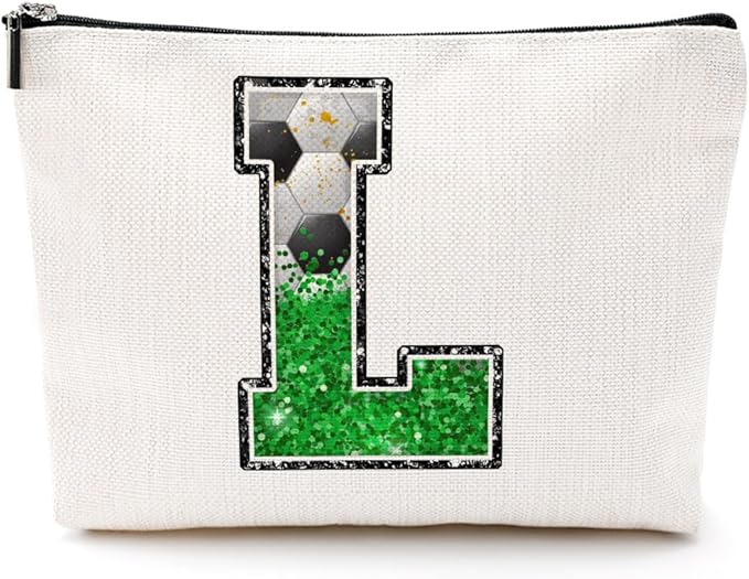 Soccer Gifts Initial Makeup Bag Monogrammed Cosmetic Bag Letter L Zipper Pouch Soccer Accessories for Girls Women Player Coach Friend Stuff Graduation Birthday Gifts