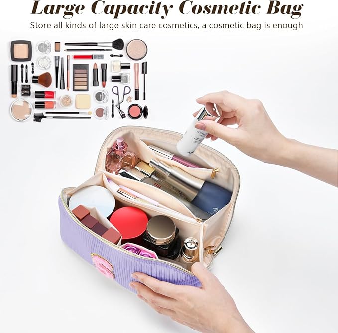 Personalized Initial Makeup Bag,Christmas Gifts for Girl,Preppy Bag Cosmetic Travel Bag Women,Travel Toiletry Organizer,Large Capacity Corduroy Stuff Bag,Cute Cosmetic Pouch Skincare Bag-Y