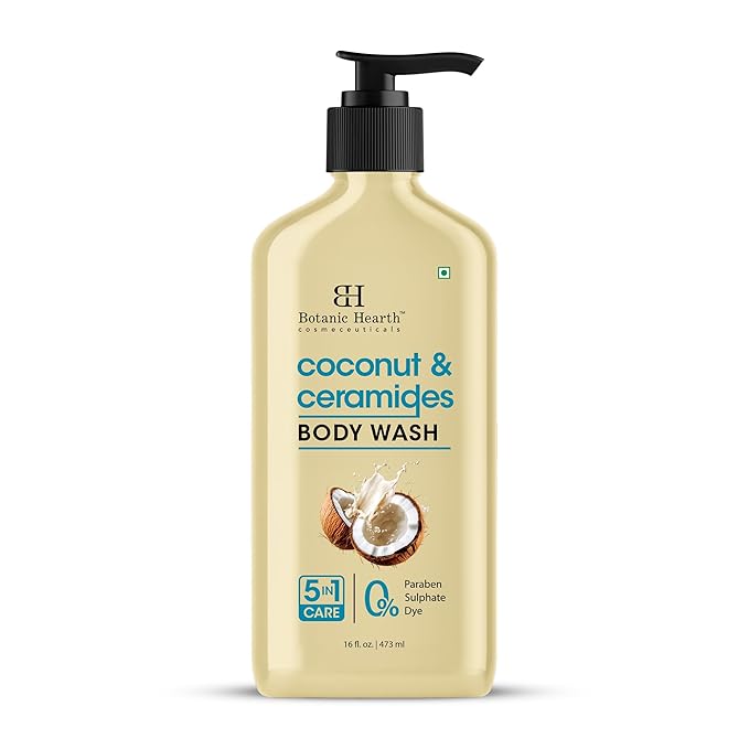 Botanic Hearth Coconut & Ceramides Body Wash Hydrating Shower Gel, Gentle Cleanser with 5 in 1 Care Sulfate Free, Paraben Free, Dye Free 16 fl oz