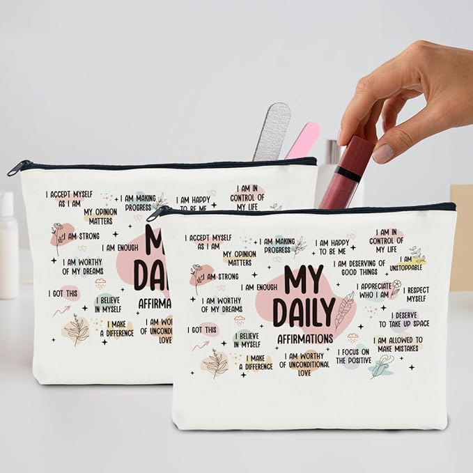 2 PCS Inspirational Gifts for Women Positive Affirmations Makeup Bag Motivational Gifts Encouragement Gifts for Women Female Sister Friend Coworker Christmas Cosmetic Bag Travel Toiletry Bag