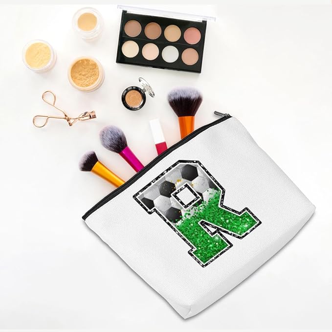 Initial Makeup Bag Monogrammed Cosmetic Bag Letter R Zipper Pouch Soccer Accessories for Girls Women Player Coach Friend Stuff Graduation Birthday Gifts