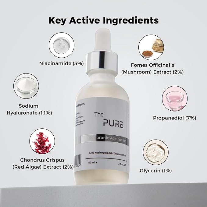 The PURE Hyaluronic Acid Serum, 1.1% Concentration, 60 mL Hydrating Face Serum with Vitamin E for Anti Aging, Wrinkles, Fine Lines, Dark Spots, Made in Canada