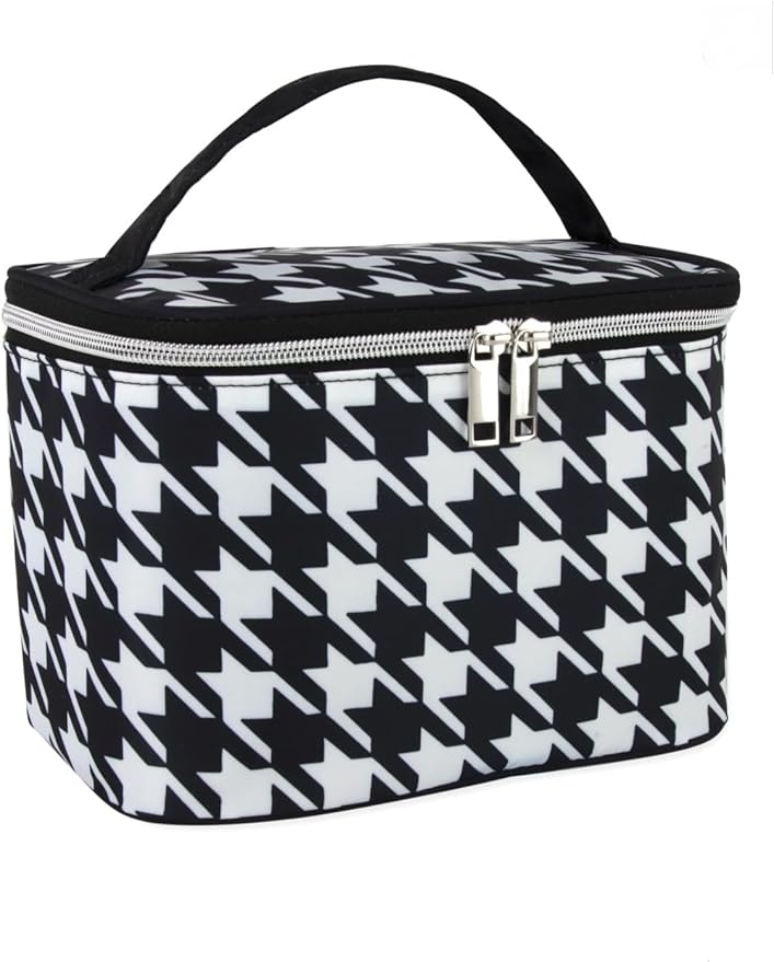 Cosmetic Bag, Travel Case, Makeup Bag, Houndstooth pattern, with Two-Way Zippers, Water Resistant, Fully Lined, 8.7 x 5.9 x 6 inches, Black and White